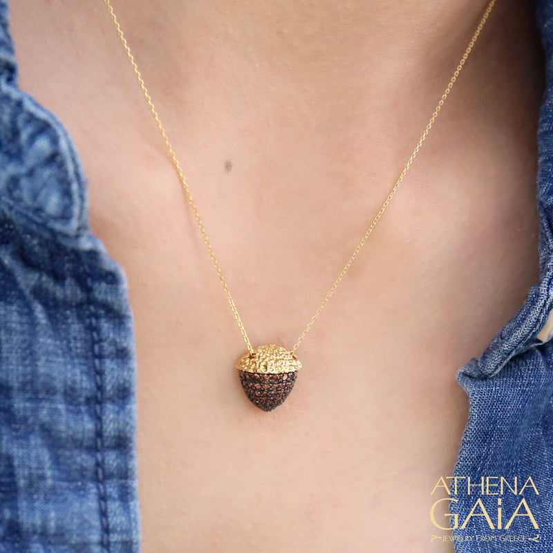 Pave Stoned Acorn Necklace - 14k Gold Necklace