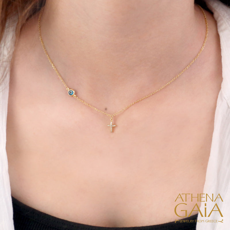 Mati Blue Evil Eye & Cross Necklace -  14k Gold Necklace