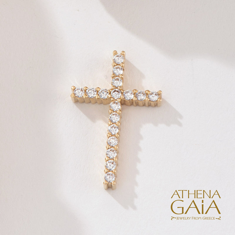 Simple Pave Latin Cross - 14k Gold - Baptismal Cross