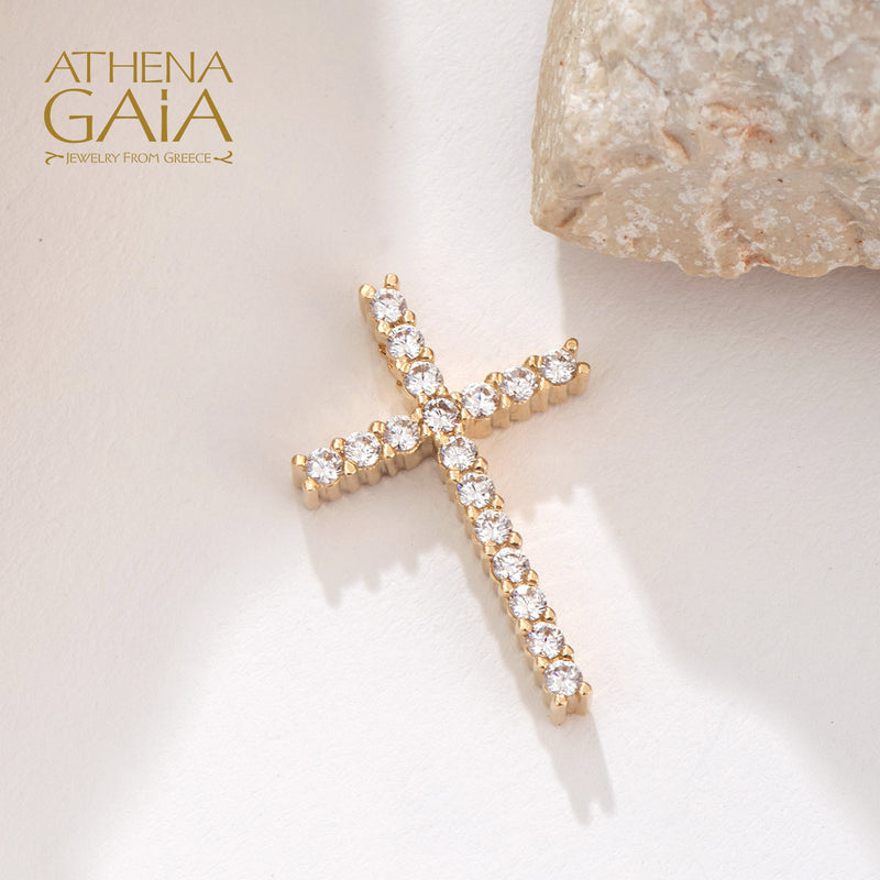 Simple Pave Latin Cross - 14k Gold - Baptismal Cross