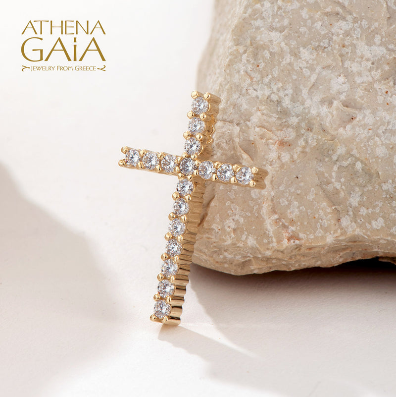 Simple Pave Latin Cross - 14k Gold - Baptismal Cross