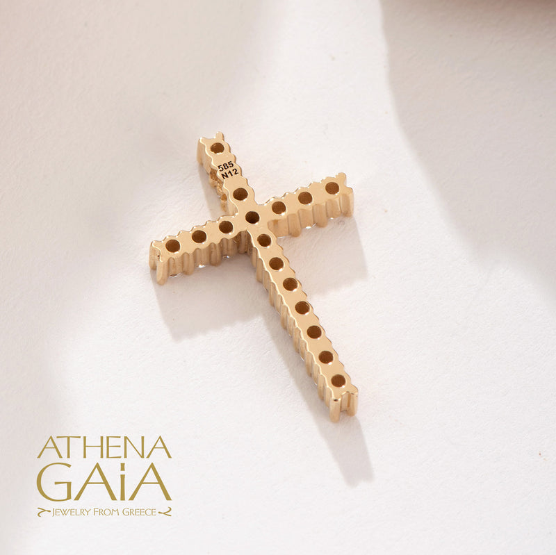 Simple Pave Latin Cross - 14k Gold - Baptismal Cross