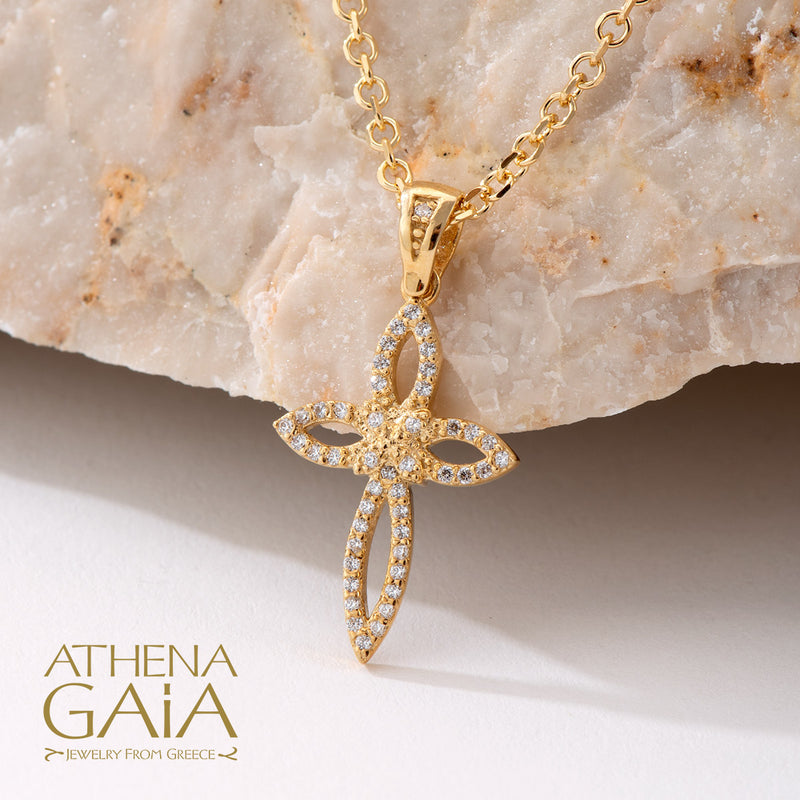 Pave Bow Cross - 14k Gold - Orthodox Baptismal Cross