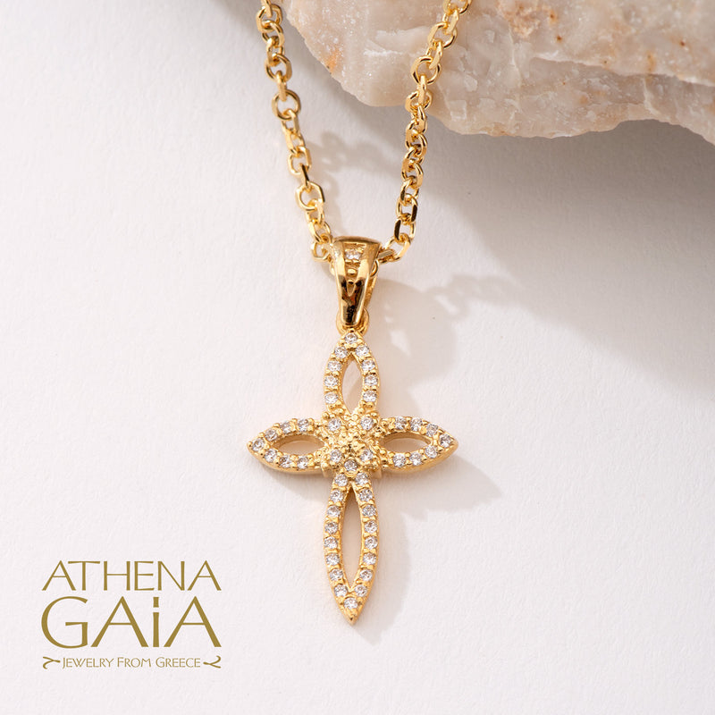 Pave Bow Cross - 14k Gold - Orthodox Baptismal Cross