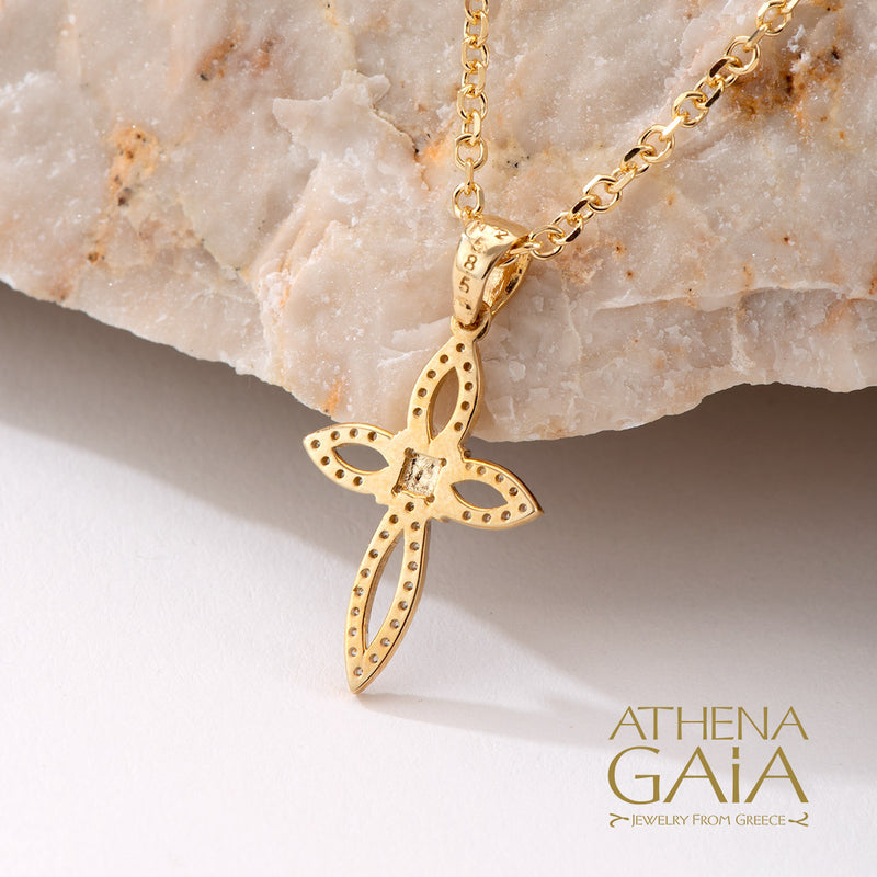 Pave Bow Cross - 14k Gold - Orthodox Baptismal Cross