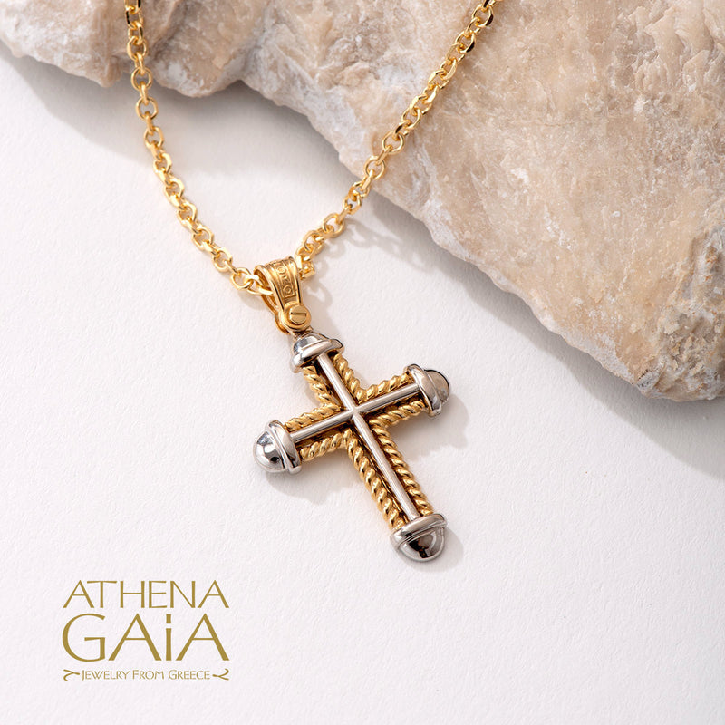 Two-Toned Rope Border Cross - 14k Gold - Latin Cross