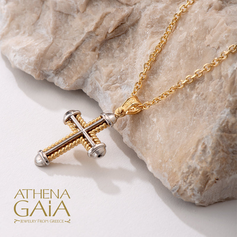 Two-Toned Rope Border Cross - 14k Gold - Latin Cross