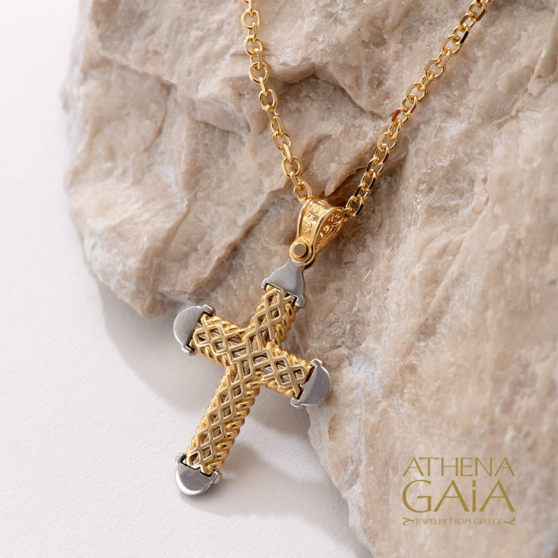 Two-Toned Rope Border Cross - 14k Gold - Latin Cross
