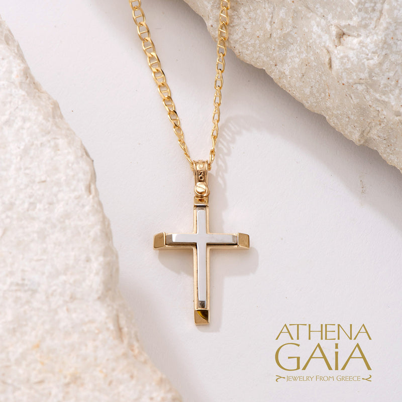 Two-Toned Beveled Cross - 14k Gold - Latin Baptismal Cross