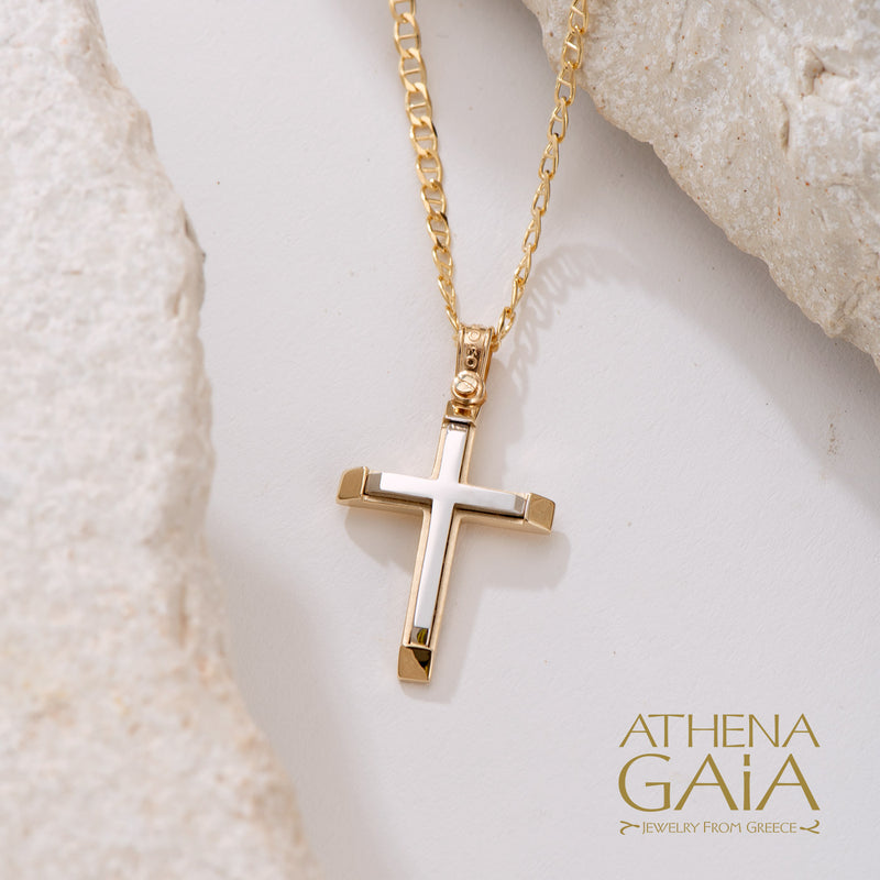 Two-Toned Beveled Cross - 14k Gold - Latin Baptismal Cross