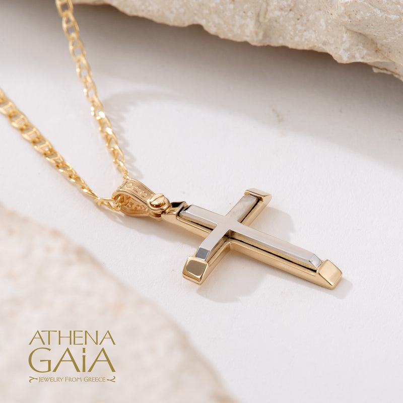 Two-Toned Beveled Cross - 14k Gold - Latin Baptismal Cross