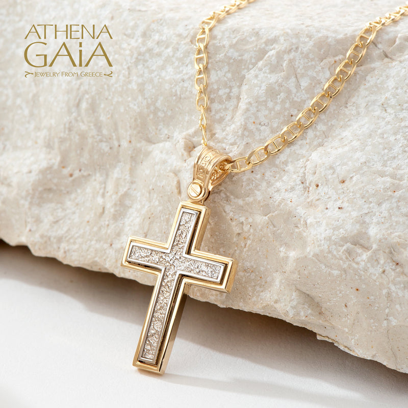 Rock Face Two-Toned Latin Cross - 14k Gold - Baptismal Cross