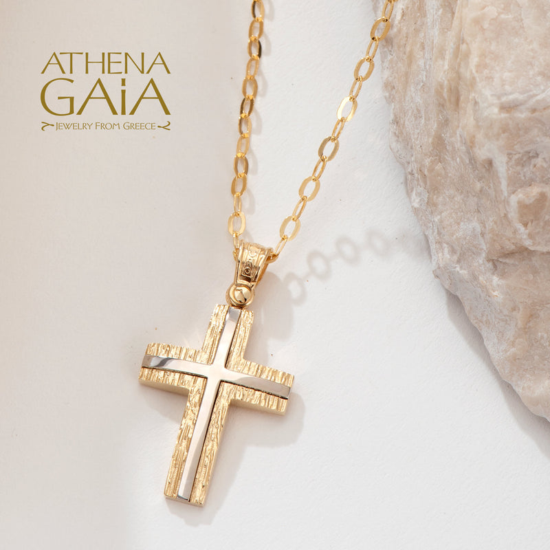 Two-Toned Rough Latin Cross - 14k Gold - Baptismal Cross
