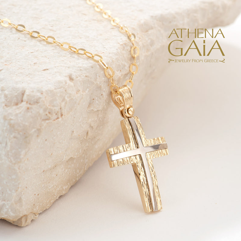 Two-Toned Rough Latin Cross - 14k Gold - Baptismal Cross