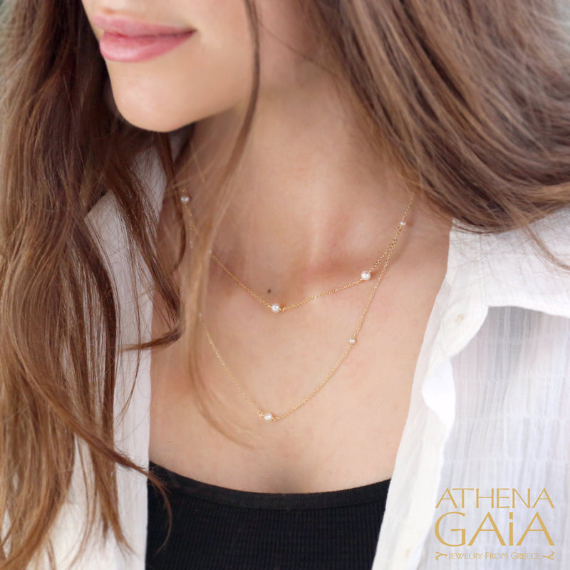 Double Strand Pearl Necklace - 14k Gold Necklace