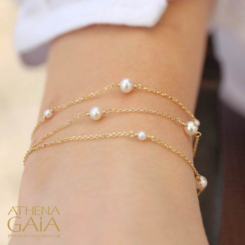 Double Strand Pearl Chain Bracelet - 14k Gold Bracelet