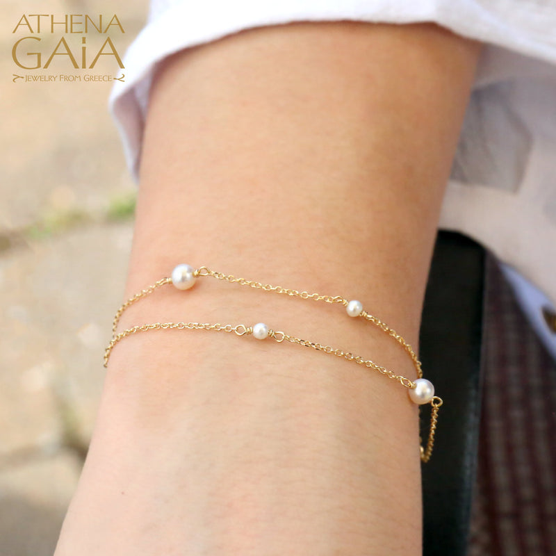 Double Strand Pearl Chain Bracelet - 14k Gold Bracelet