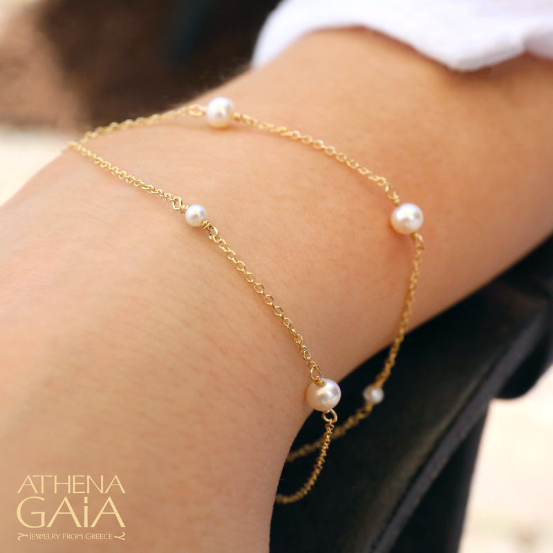 Double Strand Pearl Chain Bracelet - 14k Gold Bracelet