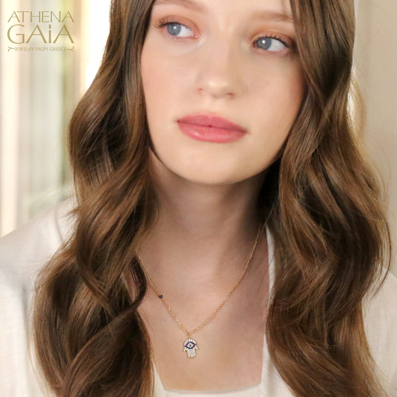 Hand of Fatima Evil Eye Necklace - 14k Gold Necklace