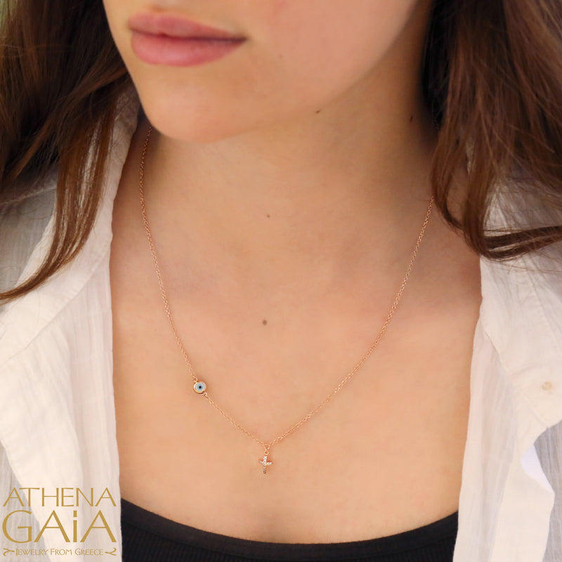 Cross & Mati White Evil Eye Necklace - 14k Gold Necklace