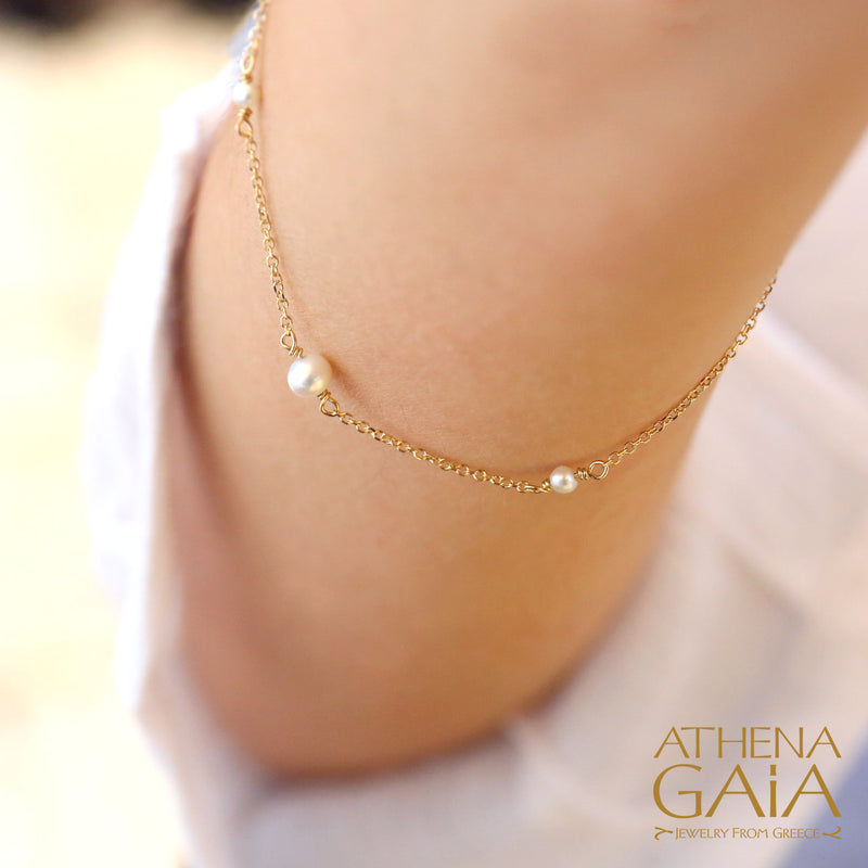 Single Strand Pearl Chain Bracelet - 14k Gold Bracelet