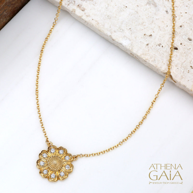 Sunflower Necklace 14k Gold - National Flower of Ukraine - Greek Handcrafted