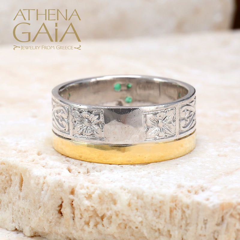 Anthemion Single Row Gold Ring - 18k Gold & Sterling Silver Ring - Cigar Band Ring