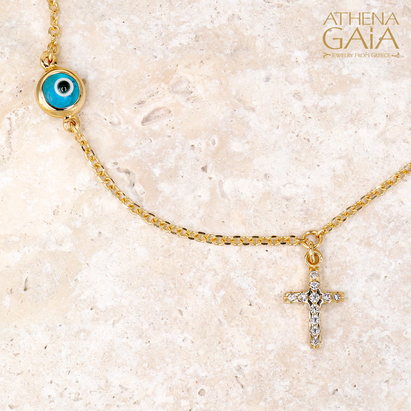 Mati Blue Evil Eye & Cross Necklace -  14k Gold Necklace
