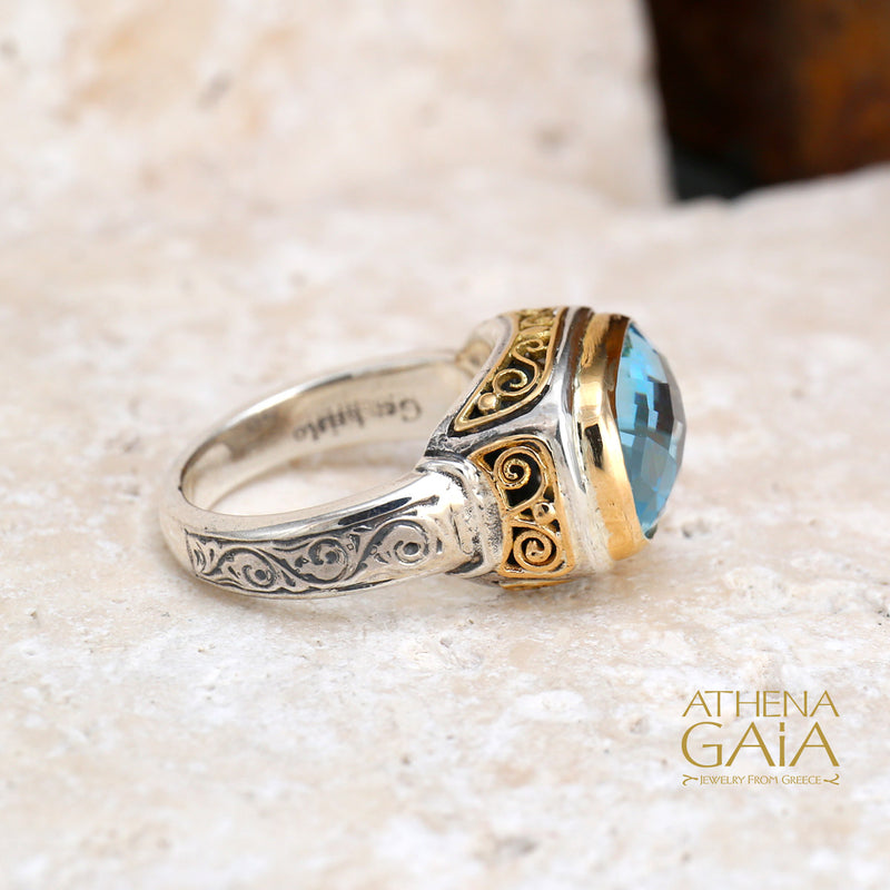 Topaz Filigree Side Rectangle Ring - 18k Gold & Sterling Silver Ring - Cocktail Ring