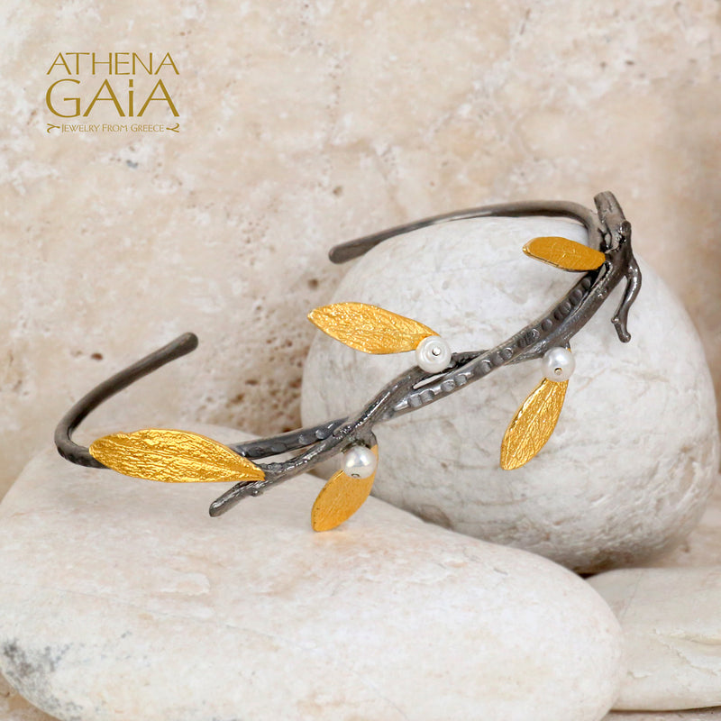 Pearl Olive Branch Cuff Bracelet - Gold Plated Sterling Silver Bracelet