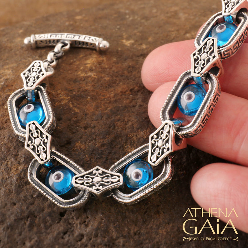 All-Mati Greek Key Link Bracelet - Sterling Silver - Evil Eye Bracelet