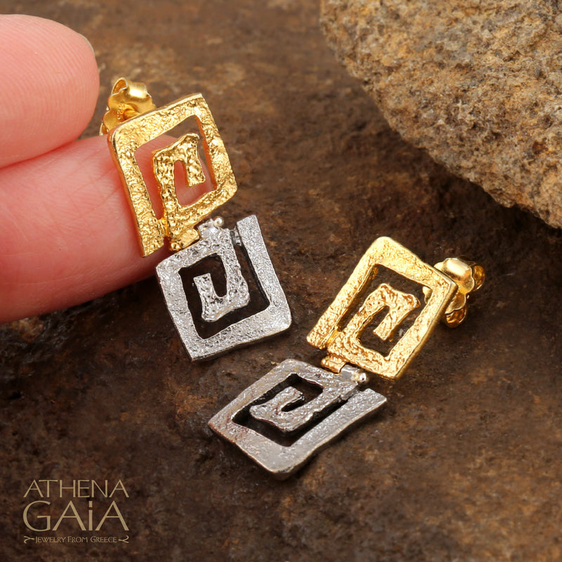 Double Greek Key Earrings - Gold Plated Sterling Silver Earrings