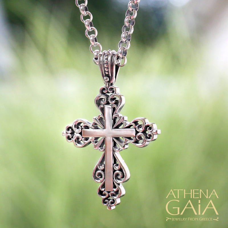Western Waves Cross - Sterling Silver - Orthodox Cross Necklace