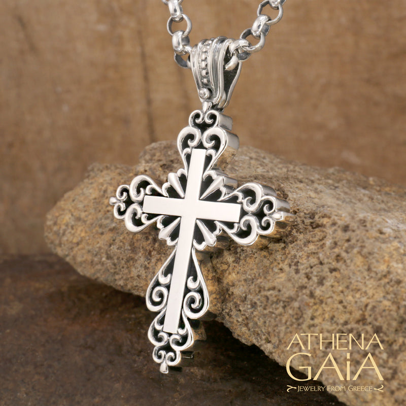 Western Waves Cross - Sterling Silver - Orthodox Cross Necklace