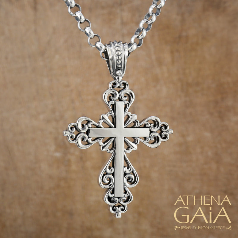 Western Waves Cross - Sterling Silver - Orthodox Cross Necklace