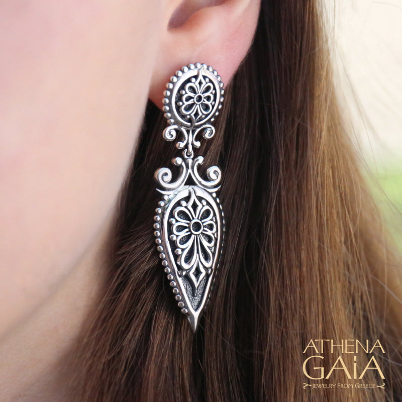Anthemion Drop Earrings - Sterling Silver - Chandelier Earrings