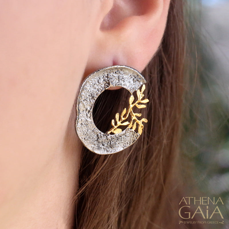 Olive Branch Circle Earrings - Gold Plated Sterling Silver Earrings