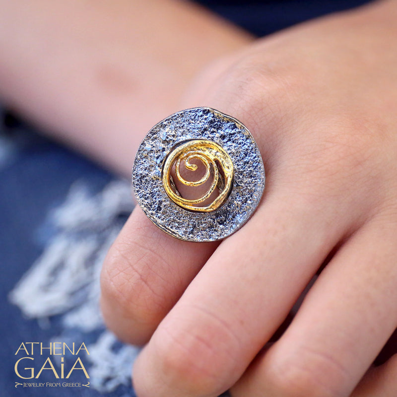 Sun Blast Spiral Ring - Gold Plated Sterling Silver Ring - Cocktail Ring