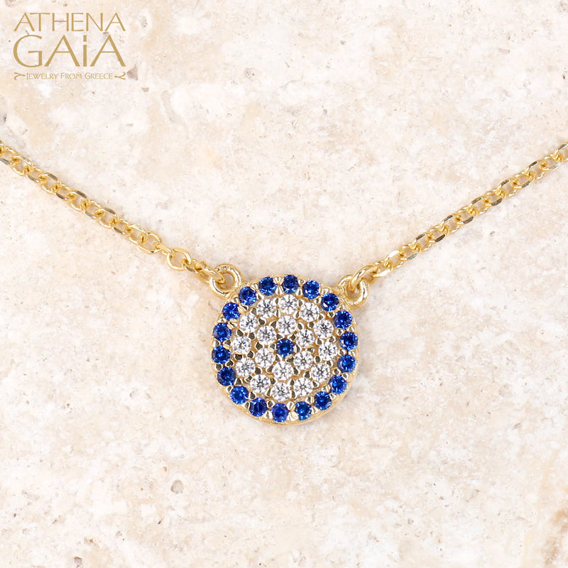 Pave Circle Double-Sided Mati Evil Eye Necklace - 14k Gold Necklace