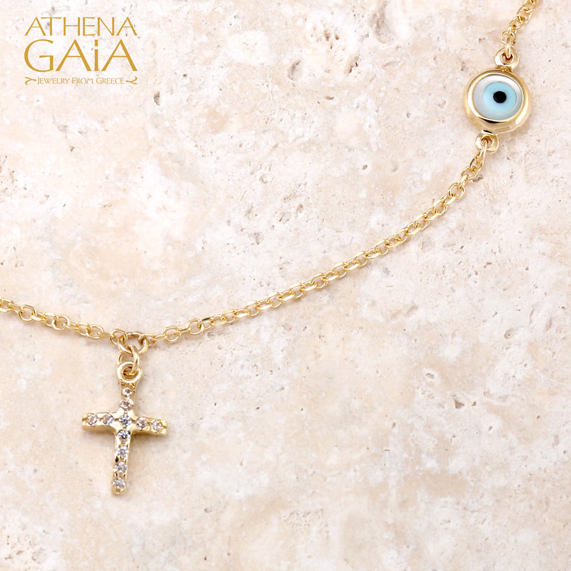 Cross & Mati White Evil Eye Necklace - 14k Gold Necklace
