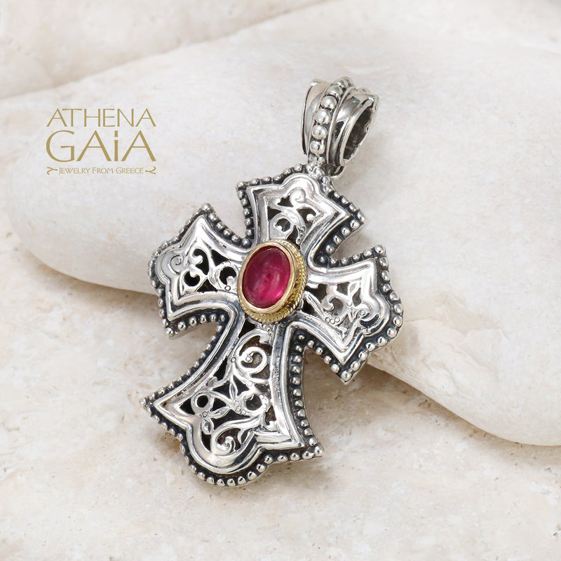 Garden Shadows Tourmaline Cross (Medium) - Sterling Silver & 18k Gold - Flared Cross
