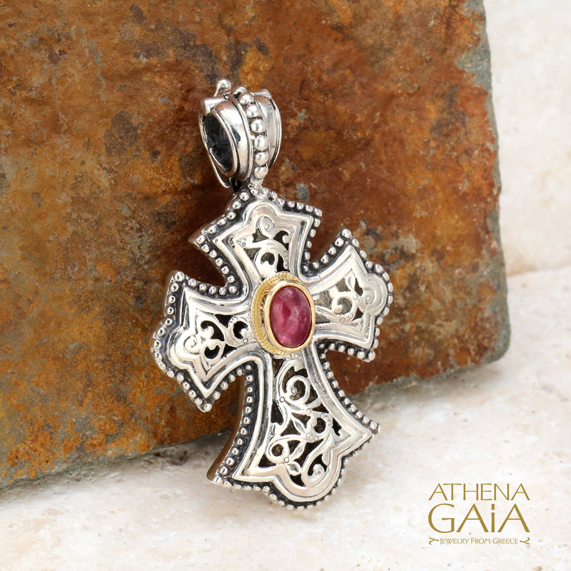 Garden Shadows Tourmaline Cross (Medium) - Sterling Silver & 18k Gold - Flared Cross