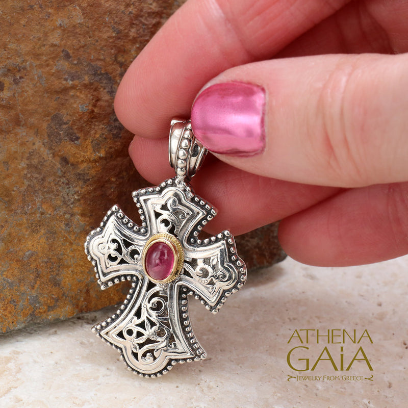 Garden Shadows Tourmaline Cross (Medium) - Sterling Silver & 18k Gold - Flared Cross
