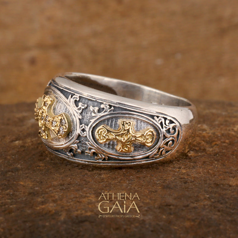 Diamond Maltese Cross Band Ring - 18k Gold & Sterling Silver Ring - Signet Ring