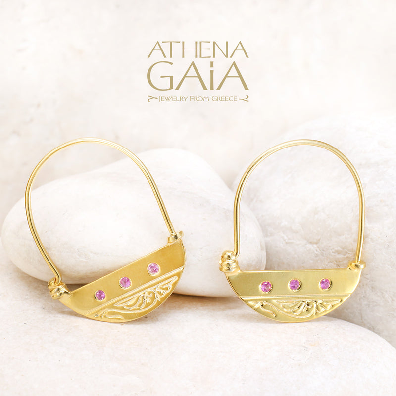 Half Moon Earrings with Gemstones - 18k Gold - Hoop Earrings