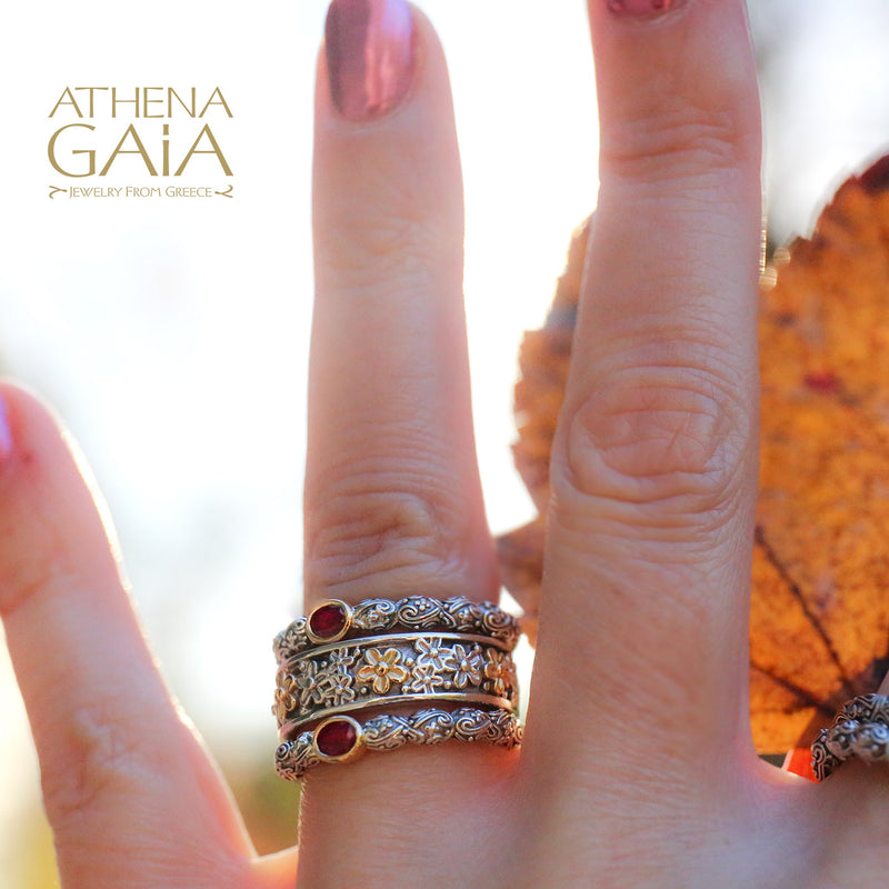 Wild Flowers Edged Band Ring - 18 Gold & Sterling Silver Ring - Stackable Ring