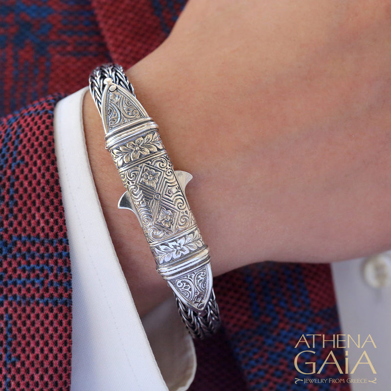 Etched Clasp Strap Bracelet - Sterling Silver Bracelet