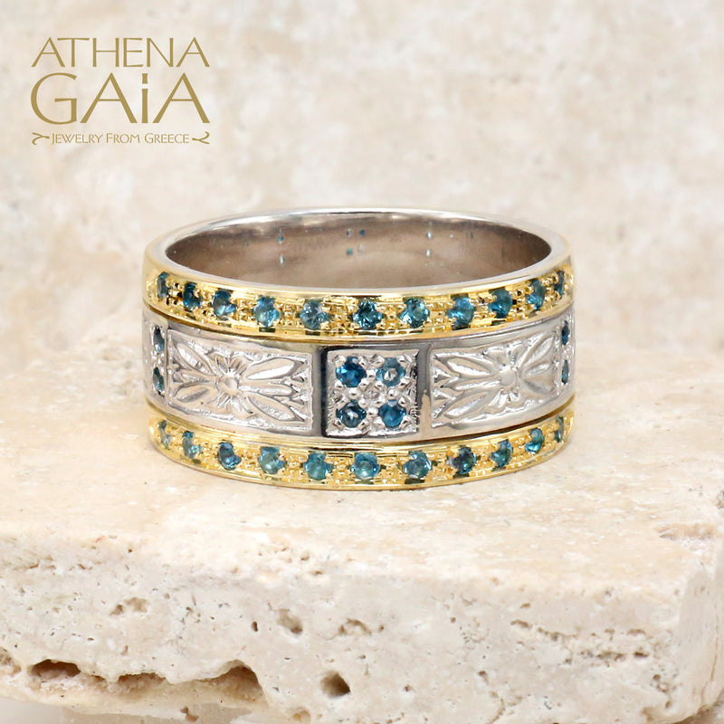 Anthemion Double Row Ring - 18k Gold & Sterling Silver Ring - Cigar Band Ring