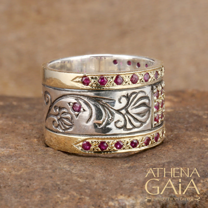 Stone Gold Field Tall Double Ring 18 Gold & Sterling Silver Ring - Cigar Band Ring