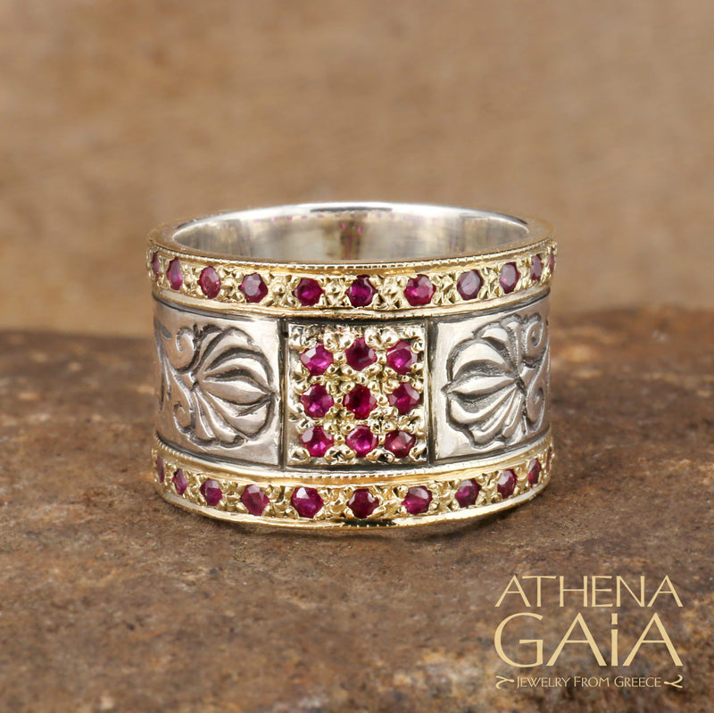 Stone Gold Field Tall Double Ring 18 Gold & Sterling Silver Ring - Cigar Band Ring